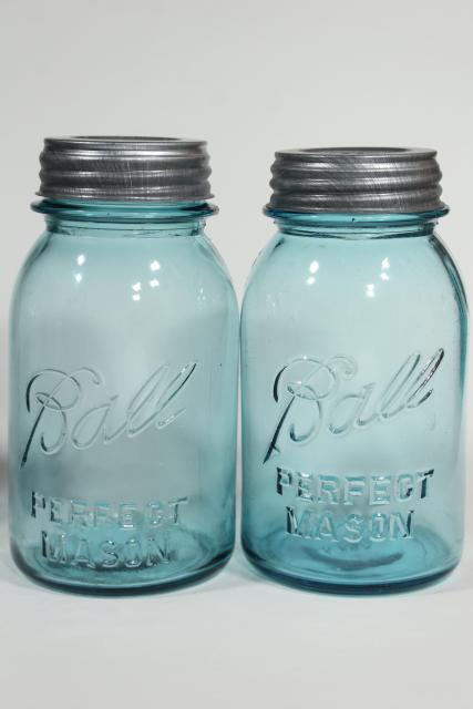 photo of old aqua blue glass canning jars, authentic vintage Ball mason jars w/ zinc lids #3