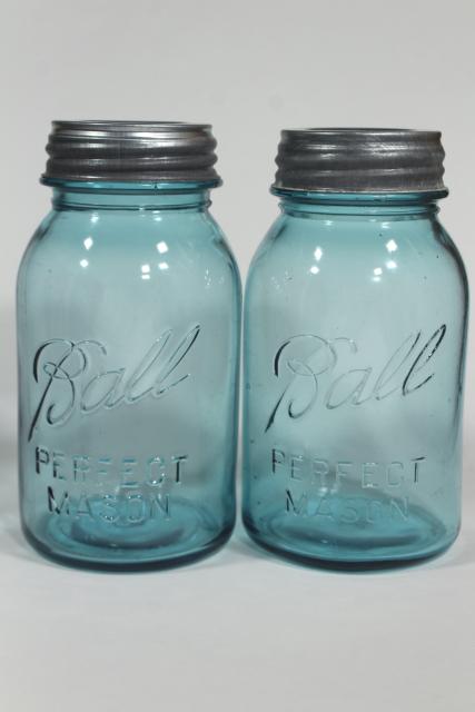 photo of old aqua blue glass canning jars, authentic vintage Ball mason jars w/ zinc lids #4