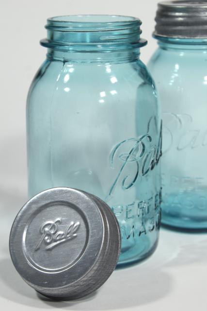 photo of old aqua blue glass canning jars, authentic vintage Ball mason jars w/ zinc lids #5