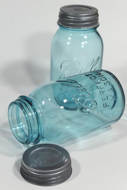 photo of old aqua blue glass canning jars, authentic vintage Ball mason jars w/ zinc lids #7