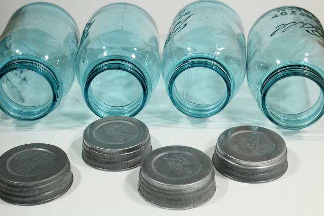 photo of old aqua blue glass canning jars, authentic vintage Ball mason jars w/ zinc lids #8