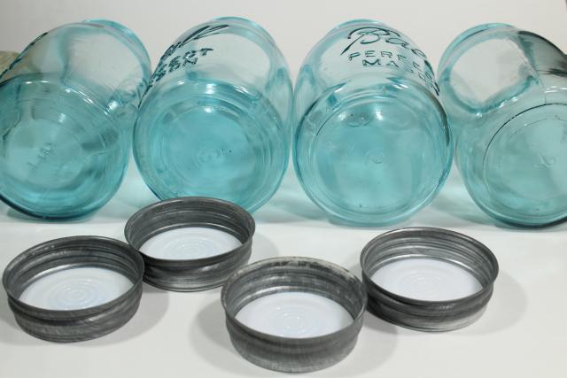 photo of old aqua blue glass canning jars, authentic vintage Ball mason jars w/ zinc lids #9