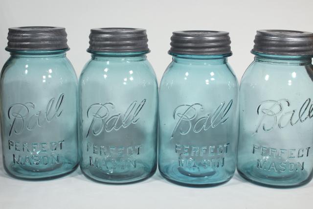 photo of old aqua blue glass canning jars, authentic vintage Ball mason jars w/ zinc lids #3