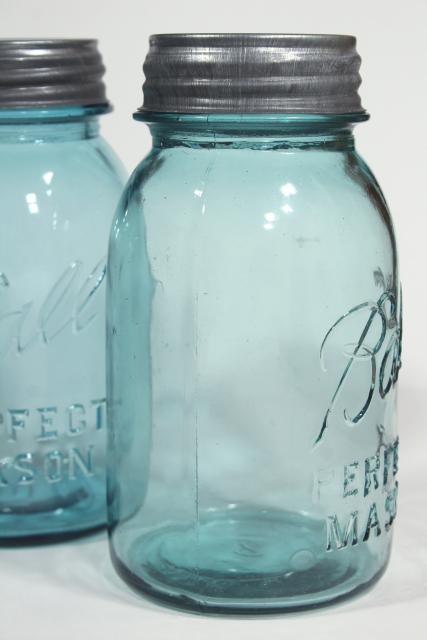 photo of old aqua blue glass canning jars, authentic vintage Ball mason jars w/ zinc lids #5