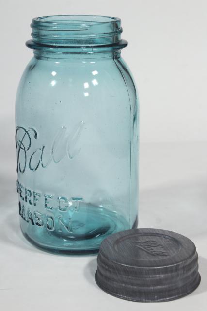 photo of old aqua blue glass canning jars, authentic vintage Ball mason jars w/ zinc lids #6