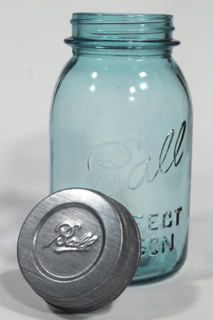 photo of old aqua blue glass canning jars, authentic vintage Ball mason jars w/ zinc lids #8