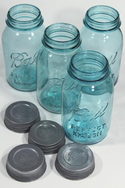 photo of old aqua blue glass canning jars, authentic vintage Ball mason jars w/ zinc lids #9