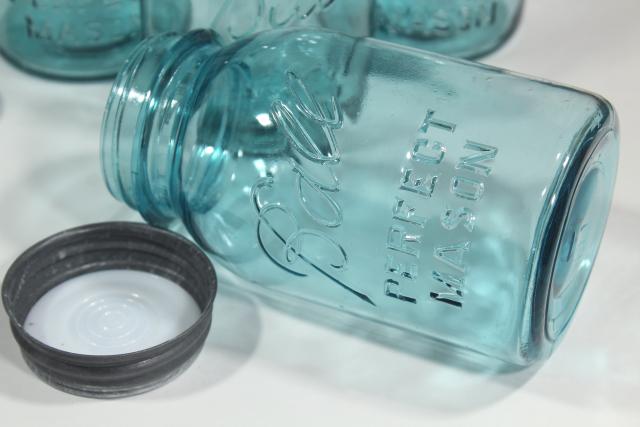 photo of old aqua blue glass canning jars, authentic vintage Ball mason jars w/ zinc lids #10