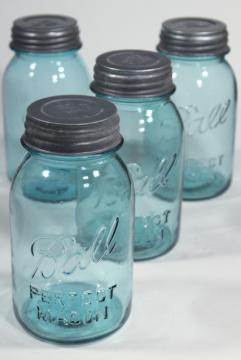 photo of old aqua blue glass canning jars, authentic vintage Ball mason jars w/ zinc lids