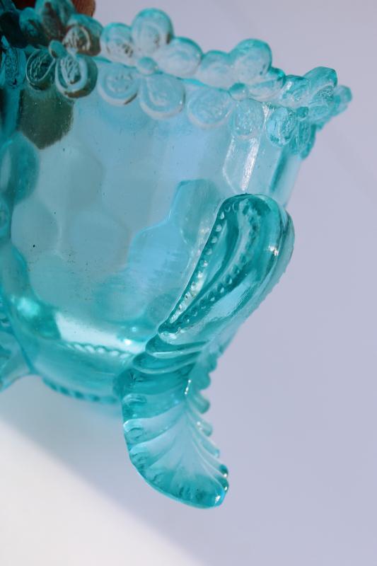 photo of old aqua glass toothpick holder or match vase w/ flower border, makes a nice egg cup! #2