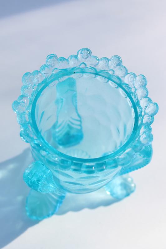 photo of old aqua glass toothpick holder or match vase w/ flower border, makes a nice egg cup! #4