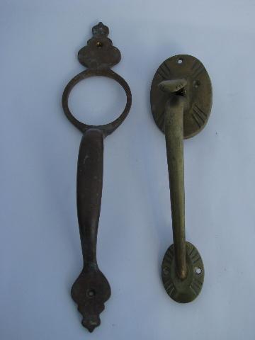 photo of old architectural salvage hardware, antique vintage solid brass/bronze door handles w/thumb latch #1