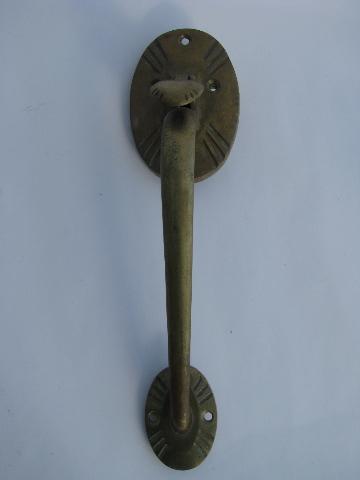 photo of old architectural salvage hardware, antique vintage solid brass/bronze door handles w/thumb latch #2