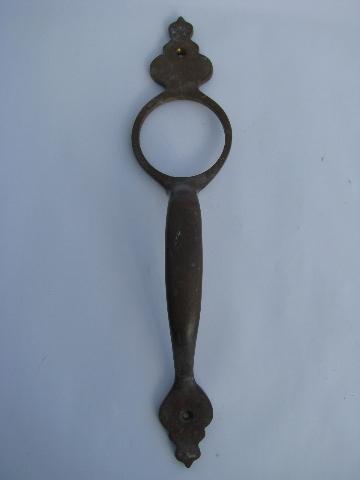 photo of old architectural salvage hardware, antique vintage solid brass/bronze door handles w/thumb latch #4