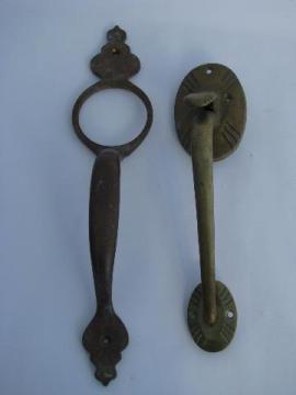 catalog photo of old architectural salvage hardware, antique vintage solid brass/bronze door handles w/thumb latch