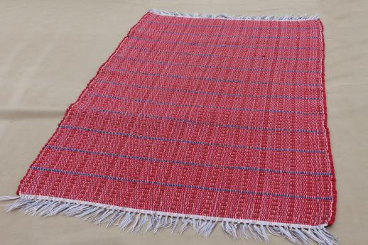 photo of old barn red & indigo blue woven striped cotton rag rug, vintage kitchen door mat #1