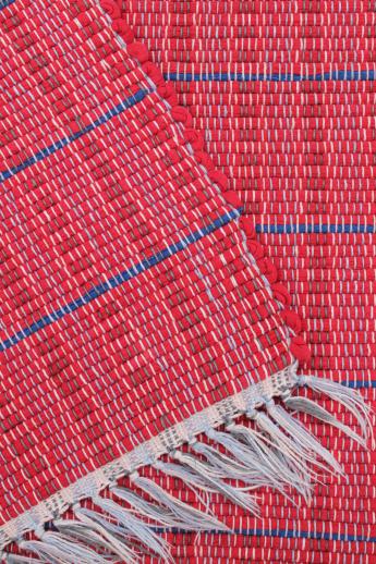 photo of old barn red & indigo blue woven striped cotton rag rug, vintage kitchen door mat #2