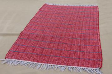 catalog photo of old barn red & indigo blue woven striped cotton rag rug, vintage kitchen door mat