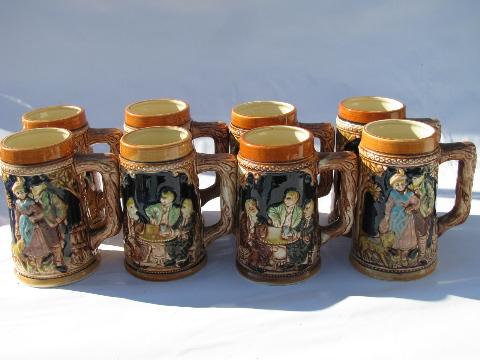 photo of old beer steins set, 8 mugs w/ embossed scenes, vintage Japan #1