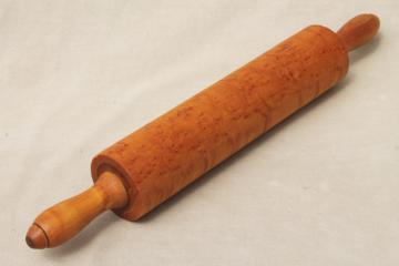 catalog photo of old birdseye maple wood rolling pin, antique vintage kitchen collectible