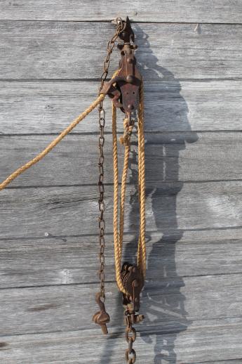 photo of old block & tackle barn pulley hooks w/ natural rope, rustic farm tool #1