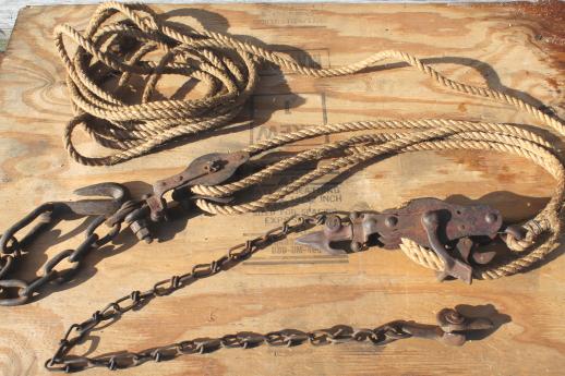 photo of old block & tackle barn pulley hooks w/ natural rope, rustic farm tool #4
