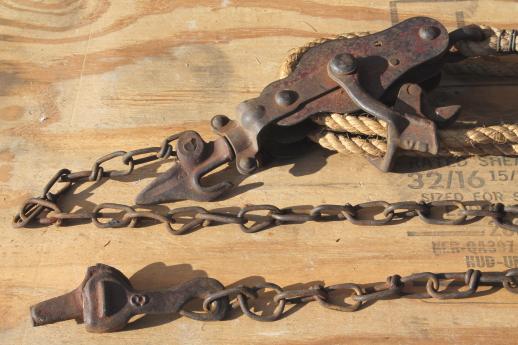 photo of old block & tackle barn pulley hooks w/ natural rope, rustic farm tool #7