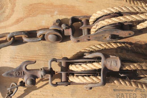 photo of old block & tackle barn pulley hooks w/ natural rope, rustic farm tool #8