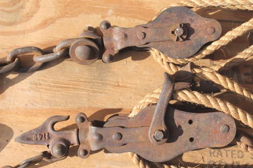 photo of old block & tackle barn pulley hooks w/ natural rope, rustic farm tool #9