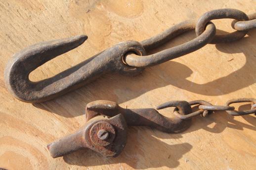 photo of old block & tackle barn pulley hooks w/ natural rope, rustic farm tool #10