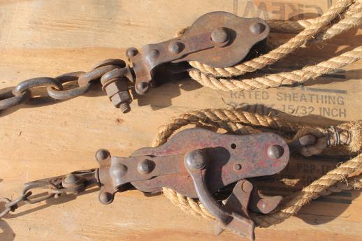photo of old block & tackle barn pulley hooks w/ natural rope, rustic farm tool #11