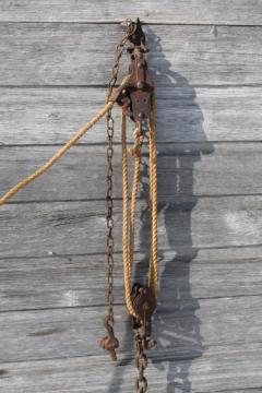 catalog photo of old block & tackle barn pulley hooks w/ natural rope, rustic farm tool