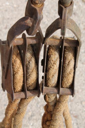 photo of old block & tackle barn pulley hooks w/ natural rope, rustic farm tool fence stretcher #2