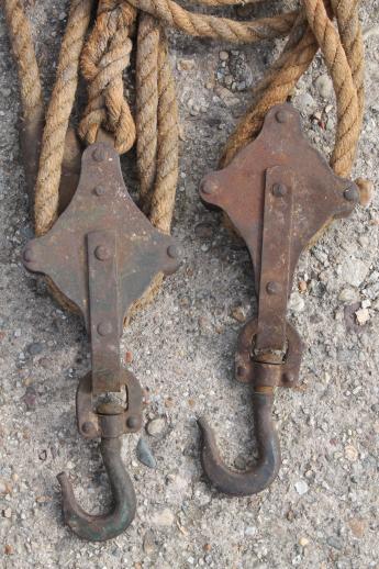 photo of old block & tackle barn pulley hooks w/ natural rope, rustic farm tool fence stretcher #3