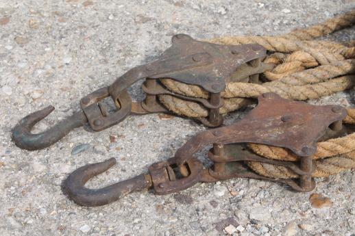 photo of old block & tackle barn pulley hooks w/ natural rope, rustic farm tool fence stretcher #4