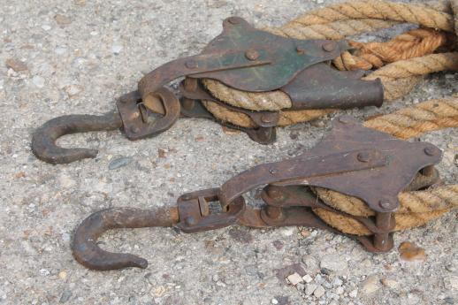 photo of old block & tackle barn pulley hooks w/ natural rope, rustic farm tool fence stretcher #5