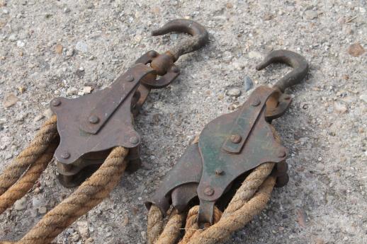 photo of old block & tackle barn pulley hooks w/ natural rope, rustic farm tool fence stretcher #8