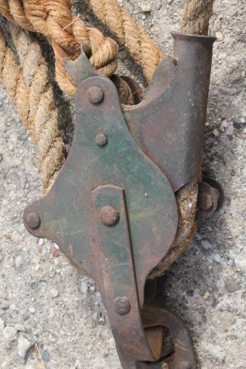 photo of old block & tackle barn pulley hooks w/ natural rope, rustic farm tool fence stretcher #9