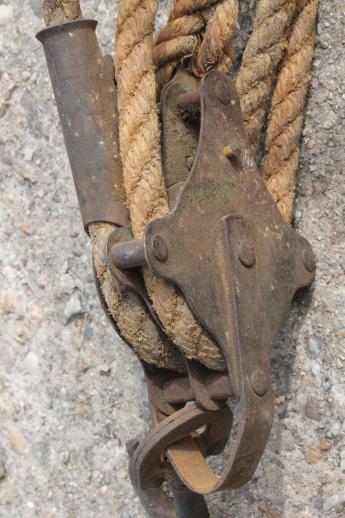 photo of old block & tackle barn pulley hooks w/ natural rope, rustic farm tool fence stretcher #10