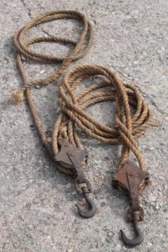 catalog photo of old block & tackle barn pulley hooks w/ natural rope, rustic farm tool fence stretcher