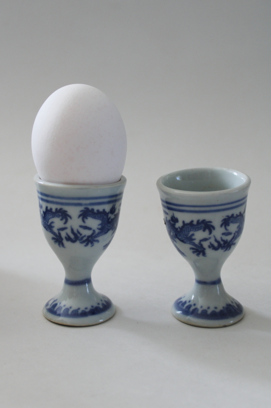 photo of old blue & white dragon pattern porcelain egg cups, roughly made vintage export china  #1