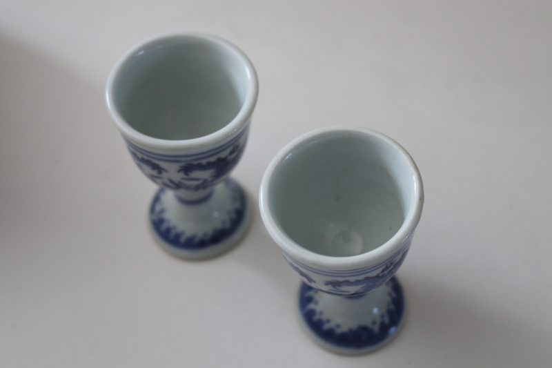 photo of old blue & white dragon pattern porcelain egg cups, roughly made vintage export china  #2