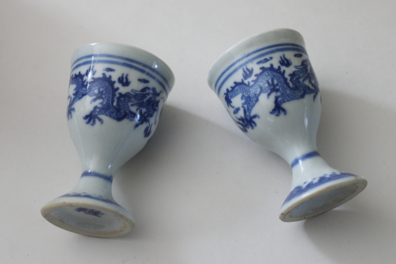 photo of old blue & white dragon pattern porcelain egg cups, roughly made vintage export china  #3