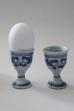 catalog photo of old blue & white dragon pattern porcelain egg cups, roughly made vintage export china 