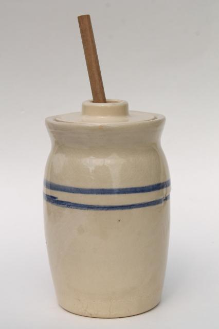 photo of old blue band stoneware crock jar butter churn, primitive country farmhouse kitchen #1