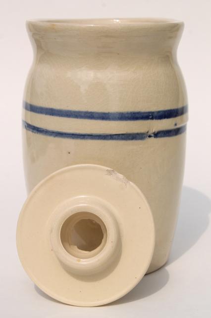 photo of old blue band stoneware crock jar butter churn, primitive country farmhouse kitchen #4