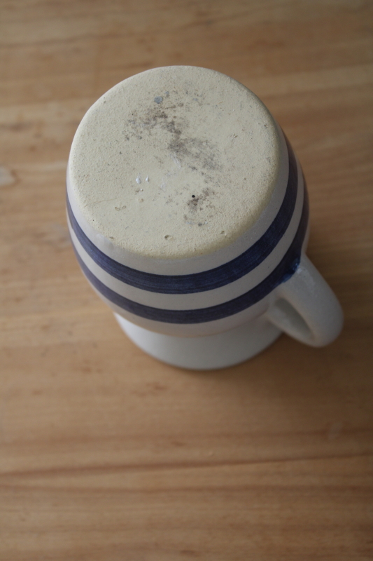 photo of old blue banded stoneware milk jug, small pitcher Robinson Ransbottom pottery Roseville Ohio #3