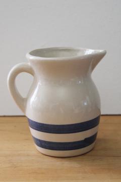 catalog photo of old blue banded stoneware milk jug, small pitcher Robinson Ransbottom pottery Roseville Ohio