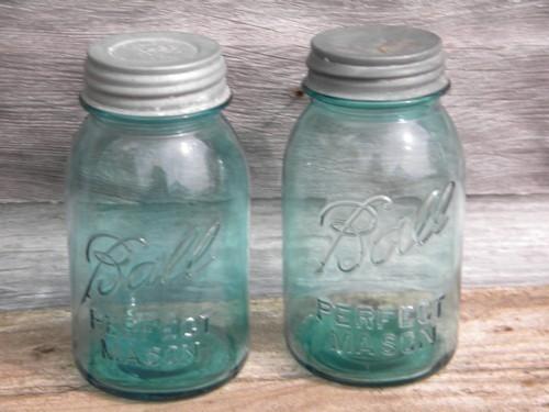 photo of old blue glass Ball Perfect Mason fruit jars, 1 quart size w/zinc lids #1