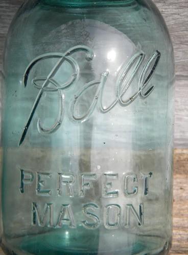 photo of old blue glass Ball Perfect Mason fruit jars, 1 quart size w/zinc lids #2